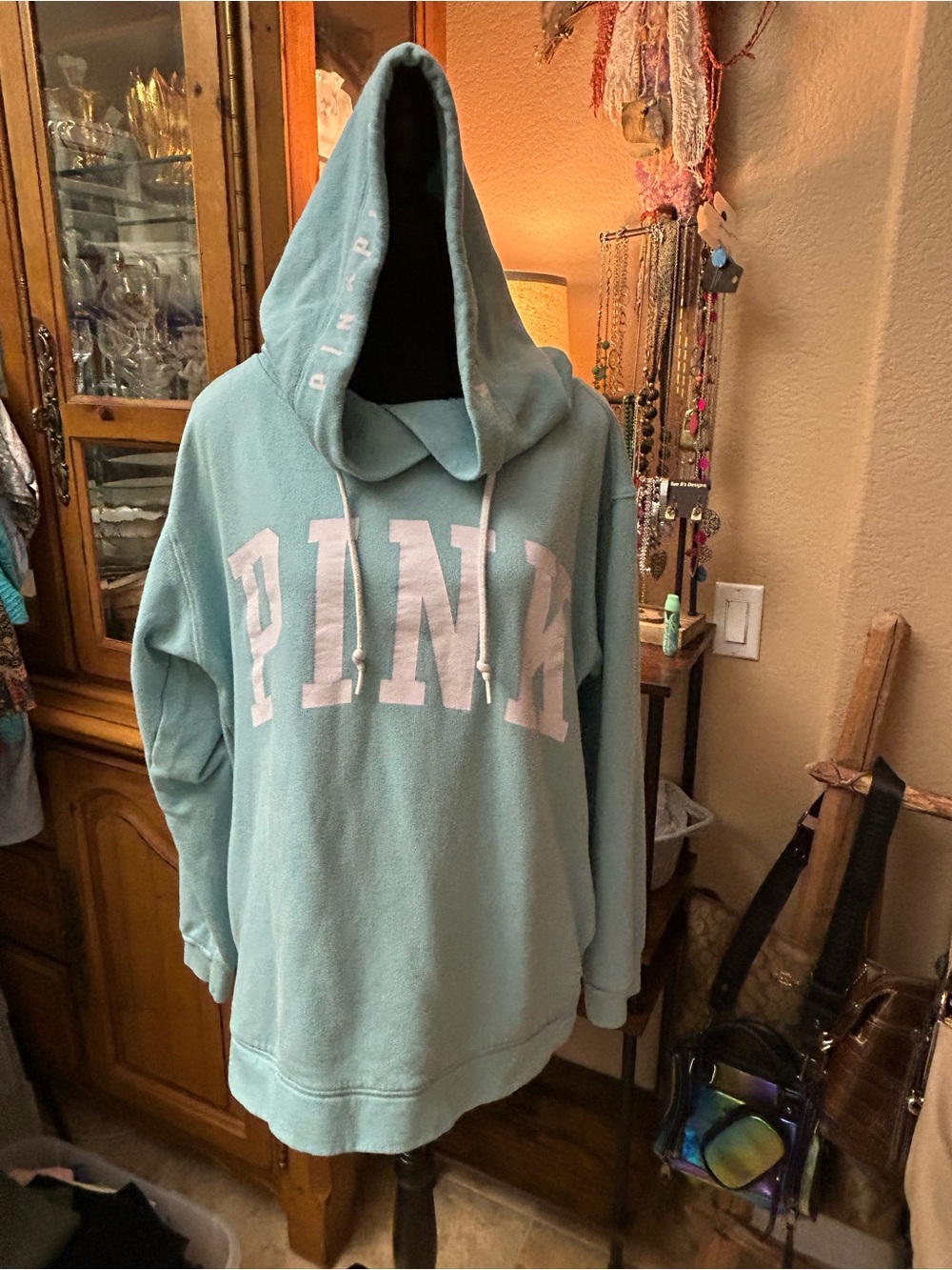 PINK Victoria's Secret Mint Hoodie with Light Pink Logo